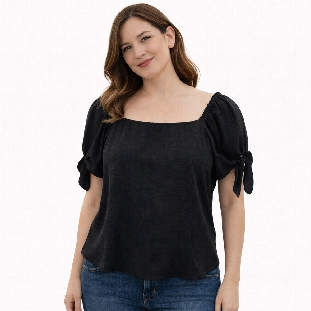 CeCe Black‎ Puff Sleeve Tie Blouse Size Large Square Neck Top